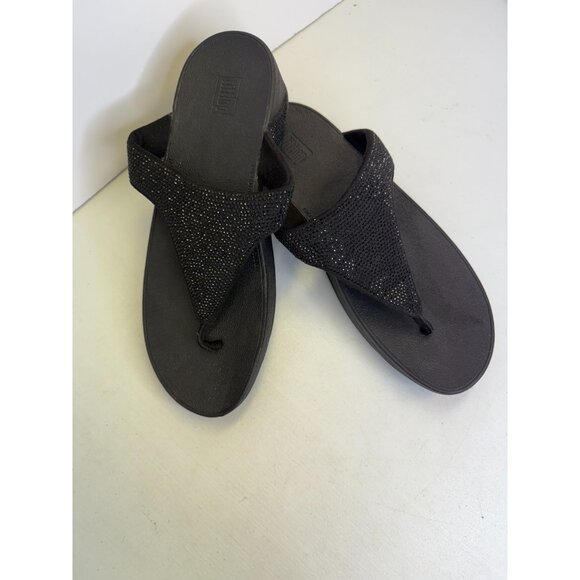 FitFlop Lottie Glitzy Shimmer Fabric Toe Thong Sandal Black NEW Size 10 - Picture 2 of 14